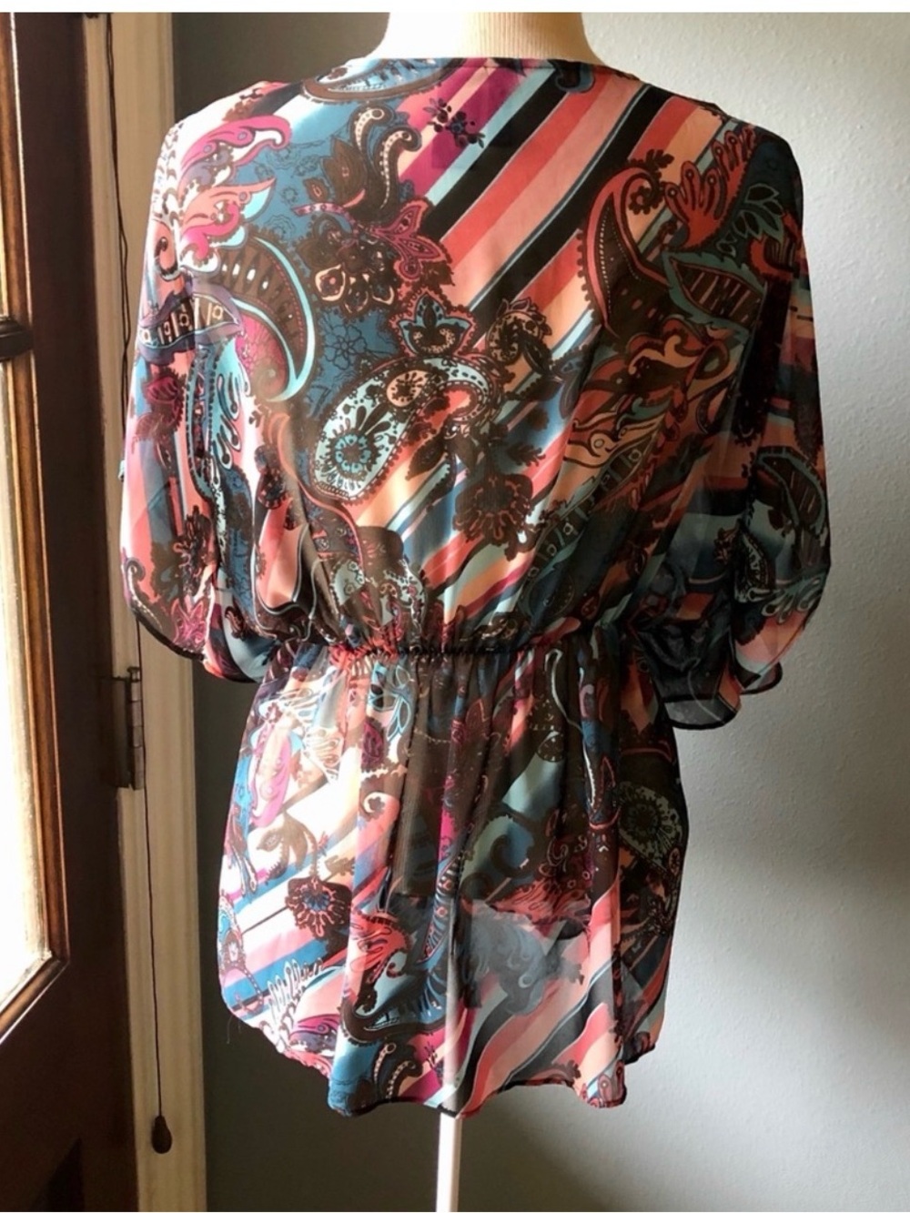 Bisou Bisou Sheer Paisley Tie-Front Blouse in Pink, Blue & Brown - Picture 2 of 9